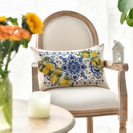 Summer Lemon Throw Pillow Cover, 12 x 20 Inch Blue and White Porcelain Style Cushion Case Decoration for Sofa Couch