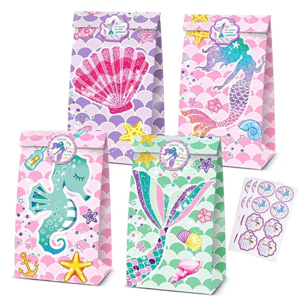 Mermaid Gift Bags Mermaid Party Supplies Favors Goodie Bag Glitter Treat Bags for Under the Sea Party Mermaid Gifts for Girls Set of 24