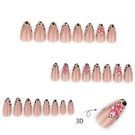 Uñas Postizas Cortas Con Diseño Francés, Diseño Almendrado, Color Marrón, Translúcidas, Con Flores, Para Primavera, 24 Unidades