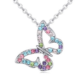 Bungsa Silver Butterfly Women's Necklace 45 cm – Open Pendant in the Shape of a Butterfly – Set with Sparkling Colourful Rhinestones – Women's Crystal Necklace – Necklace Silver Crystals, Brass,