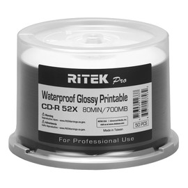 200 Pack Ritek Pro CD-R 52X 700MB 80Min Professional Grade Watershield Water Resistant Glossy White Inkjet Hub Printable Blank Recordable Disc