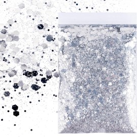 Glitter for Crafts, Gold Glitter Powder, Sequins, Glitter Powder, Craft Glitter Powder, Glitter Sequin for Nails, Face Makeup, Card Crafts, Nail Art, Chunky Glitter (Silver)