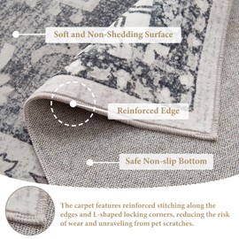 Puremy Area Rug 4x6, Washable Boho Rugs for Living Room, Vintage Low Pile Bedroom Rug, Non Slip Floral Print Small Carpet for Kitchen Dining Room Entrance Home Decor, Grey