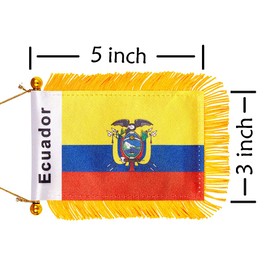 WXTWK 3 X 5 Inch Ecuador Flag Ecuadorian Window Hanging Flag Small Mini Car Flags Banners Rearview Mirror Decoration With Suction Cup Golden Fringy Banner