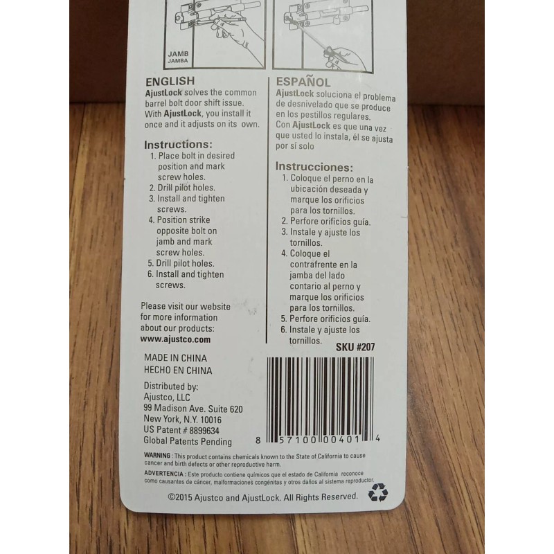 Ajustco AjustLock 4" Zinc Plated Adjustable Barrel Bolt Siding Lock