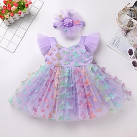 ODASDO Baby Girls Butterfly Dress, Toddler Birthday Party Dress Bowknot A Line Tulle Tutu Princess Flower Girl Dresses Butterfly Outfit for Girls Formal Pageant Wedding Special Occasion Violet 9-12M