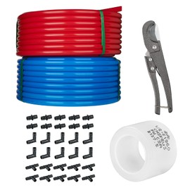 GUOFIS 1/2 Inch PEX Pipe, 200ft Length, Blue & Red, with 30 PCS 1/2 Inch PPSU Expansion Fittings-Elbow Tee Coupler, 100 PCS Expansion Rings, Pipe Cutter
