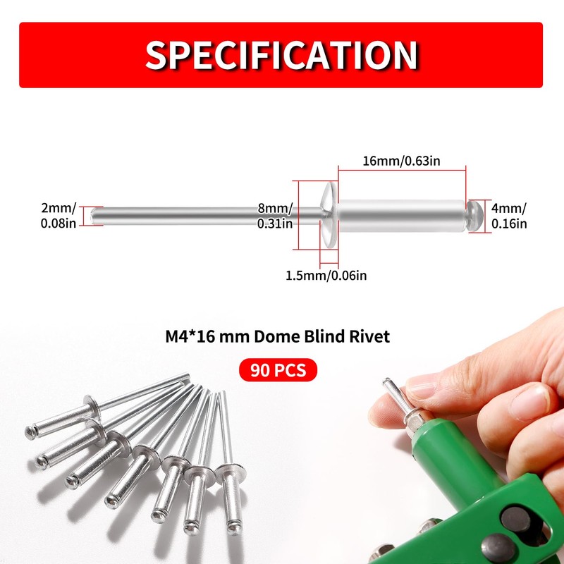 YIXISI 90 PCS M4x16 mm Dome Blind Rivet, Metal Rivets
