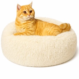 SEOUGEE Calming Donut Cat Bed, Fluffy Plush Round Dog Bed, Cosy Soft Washable Cushion Warming Pet Beds with Non-Slip Bottom, Indoor Sleeping Cuddler Nest for Cats Puppy Kitten (Cream 40cm)