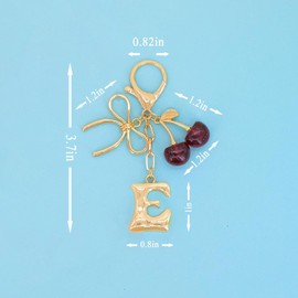 Llaveros con iniciales doradas, llavero de cereza, para mujer, dijes de cartera para bolsos, bolsos de mano, accesorios para mujeres, llaveros de lazo, llavero de letra E