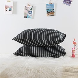 Household Cotton Jersey Knit Toddler Pillowcases, Soft and Breathable Travel Pillow Cases with Envelope Closure, for Boys and Girls, 13" x 18" 2 Pack (Black Wihte Stripe)