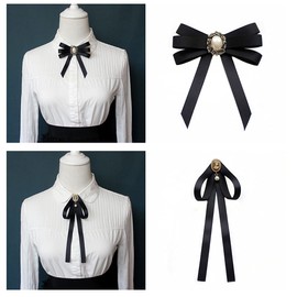 MYhose Tie Pearl Ribbon Brooch Bow Tie Vintage Pre-Tied Collar Jewellery Bowknot Tie Black A