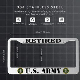2 Pack Retired License Plate Frames for US Army, Universal Aluminum Front and Rear Retired License Plate Holder (Silver)