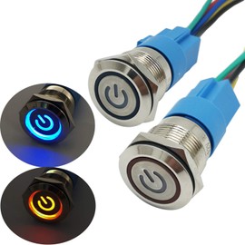 CESFONJER Self-Locking Latching Push Button Switch with Power Symbol, IP67 LED Button, LED Push Button for Car with 23 cm Cable Kit for 19 mm 3/4 Inch Mounting Hole 12 V Power 2 Pieces (Red + Blue)