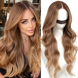 ENCOUNTERU Wear and Go Glueless Wig with Bangs Synthetic Lace Front Honey Blonde Wig Body Wave Ombre Wigs for Women Pre Cut Pre Plucked Glueless Ready to Wear Wigs Middle Part 26 Inch