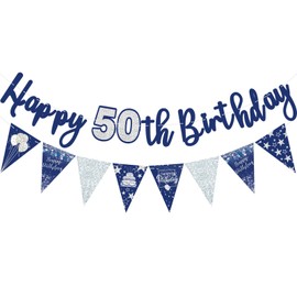 Fesnova Girlande 50 geburtstag, Blau und Silber Banner 50 Geburtstag für Männer und Frauen, Happy 50 Birthday Banner für Deko 50 Geburtstag, Geburtstagsgirlande Party Dekoration