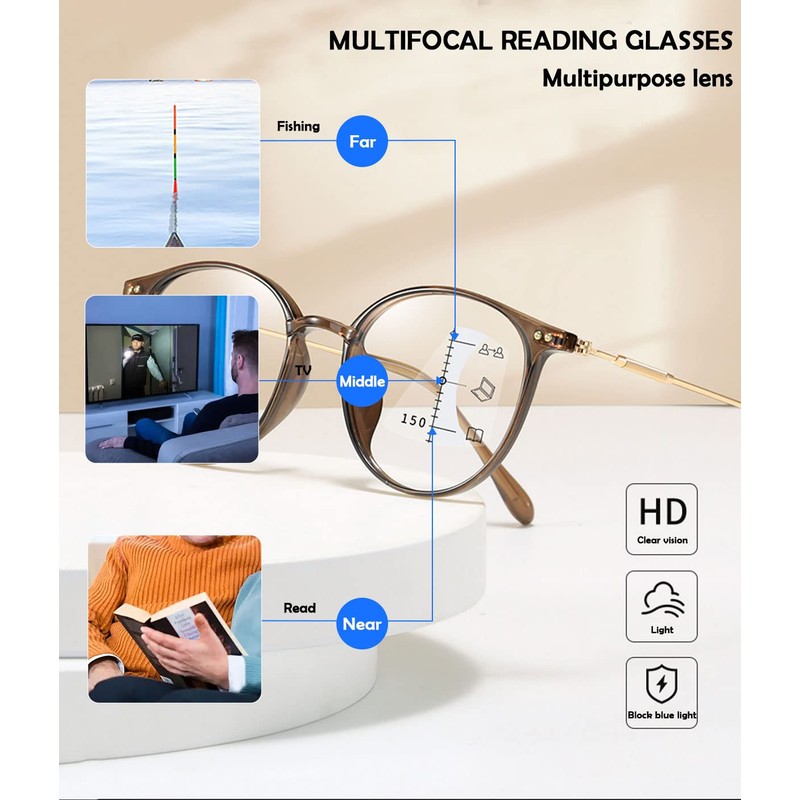 KOOSUFA Mode Runde Gleitsichtbrille Progressive Multifokus Anti-Blaulicht Lesebrille Damen Herren