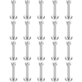 Sanfenly 20Pcs 16G Hypoallergenic Stainless Steel Lip Studs Labret Piercing with 3mm CZ Cartilage Tragus Helix Monroe Piercing Stud Jewelry 6mm 8mm 10mm