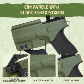 WARRIORLAND Kydex IWB Holster Fits Glock 43/43X/43X MOS, Inside Waistband Concealed Carry, Optic Ready w/Claw, Adj Cant, Right Hand, Military Green