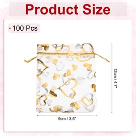 sourcing map Organza Bag 3.5" x 4.7", Sheer Heart Mesh Bags Drawstring Gift Bags Bulk Party Favor Bag Jewelry Pouches for Wedding Candy Valentines (White-Gold, Pack of 100)