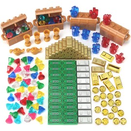 Feleph Treasure Accessories Money Building Blocks Set Jewel Chest, Gems Diamonds, Bullion Electroplated Gold Tile Silver Bar, Power Crystals, Coins, Goblet, 100 Dollar Bill Cash Toy Brick