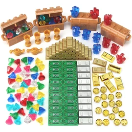 Feleph Treasure Accessories Money Building Blocks Set Jewel Chest, Gems Diamonds, Bullion Electroplated Gold Tile Silver Bar, Power Crystals, Coins, Goblet, 100 Dollar Bill Cash Toy Brick