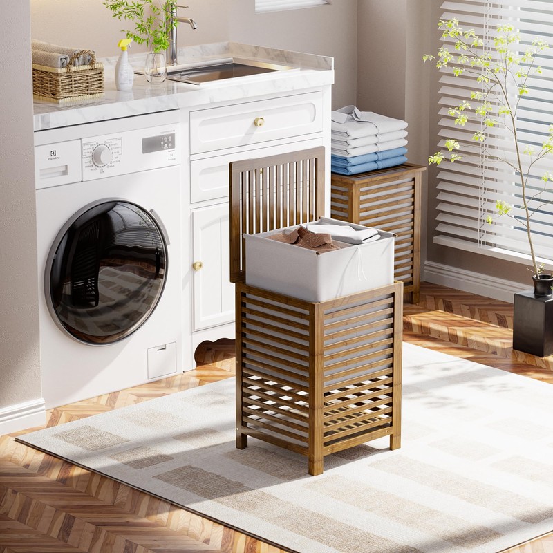 SMIBUY Double Laundry Hamper with Lid, 120L Bamboo Laundry Basket