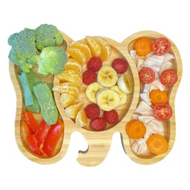 AWIIK - Bamboo Plate with Strong Suction Cup for Babies and Toddlers, BLW Plate Made of Non-Slip Bamboo with Suction Cup, Tilt Protection for Learning to Eat, BLW (Elephant)