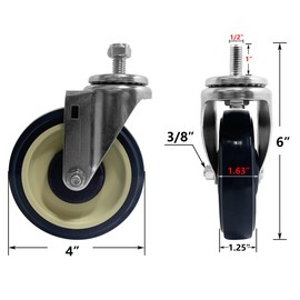 SY America Heavy Duty Stem Caster Wheels - 5 inch for Cart Swivel Smooth Running Shopping Replacement with 4pcs Nut Furniture,Storehouse,Workbench [3/8'' Bore, 4, 4 Packs]
