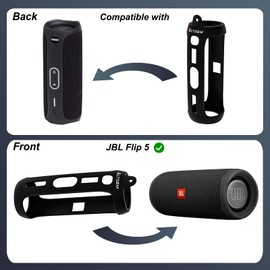 LTGEM Silicone Case Compatible with JBL FLIP 5 Waterproof Portable Bluetooth Speaker, Hard Shell Travel Carrying Storage Bag with Extra Carabiner - Black(Case Only)