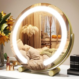 Vanity Mirror Makeup Mirror with Lights, Large Lighted Vanity Mirror, Light Up Mirror with Smart Touch 3 Colors Dimmable, Tabletop Mirror for Makeup Desk, 360° Rotation, 22" x 18", Black - style: Golden-Round