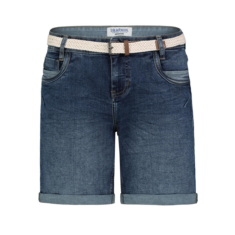Sublevel Damen Jeansbermuda mit Gürtel, Aufschlag, 5-Pocket Dark-Blue M