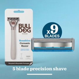 BULLDOG Skincare - Sensitive Ceramic Razor Multipack | Smooth Glide Razor Handle + 9 Blade Refills | for Men