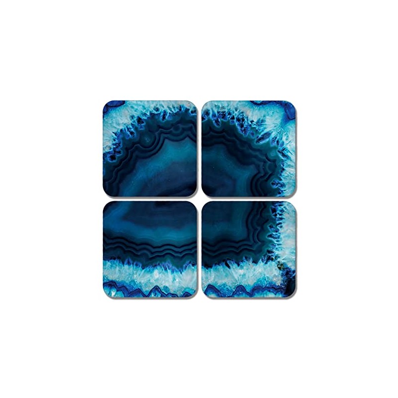 4 x Square Blue Agate Coasters - Marble Effect Ink