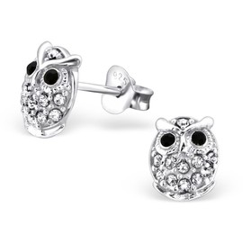 Bungsa Owl Crystal Stud Earrings .925 Real Silver with 26 Stones (Earrings Real Jewellery Studs Earrings Women Men), Silver, Crystal