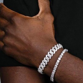 Thunaraz 12mm Hip Hop Bracelet Cool Style Gold Plated Iced Out CZ Chain Diamond Miami Cuban Link Chain Bracelet for Men Women 7 Inch Silver