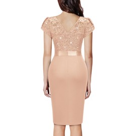Miusol Women's Classy V-Neck Glitter Sequin Lace Cap Sleeve Cocktail Party Dress (Small, Champagne)