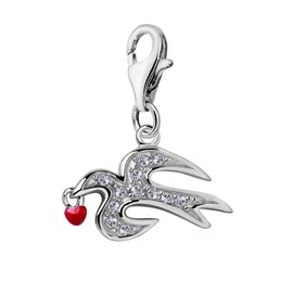 Quiges 925 Silver Charm Pendant Birds with Lobster Clasp for Bracelets, Glass enamel Glass, Cubic Zirconia