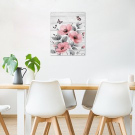 MEUNEAR Pink and Grey Floral Wall Art for Bathroom Flower and Butterfly on Rustic Wood Canvas Wall Art Wildflower Nature Plant Wall Paintings for Living Room Bedroom Ready to Hang,16L X 12W inches