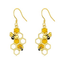 YFN Bee Earrings Sterling Silver Honeycomb Bee Dangle Earrings Bee Jewellery for Women Girls Bee Gifts for Mom Daughter
