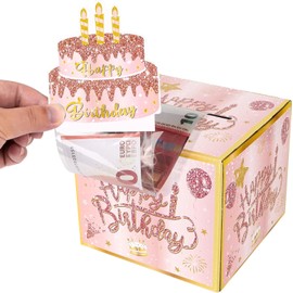 LBYHZS Caja de Regalo de Cumpleaños para Tirón de Efectivo, Hucha Cumpleaños para Tirar de Dinero,Caja de Regalo Sorpresa para Niños y Adultos con 30 Bolsas Transparentes,Regalos Creativos (Rosa)