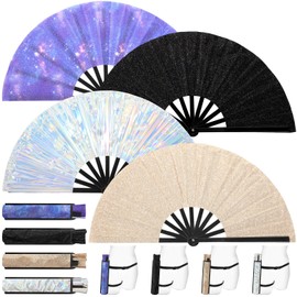 Threehoney 4 Pack Large Rave Fan Folding Shiny Clack Hand Fan with Fabric Case Bag and Leg Strap for Music Festival Dance Club Carnival Disco Party Supplies(Mixed Color)