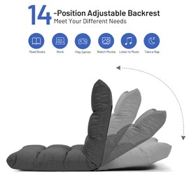 GORELAX Floor Chair with Back Support, 14-Poistion Adjustable Folding Gaming Chair Recliner, Meditation Chair with Steel Frame, Padded Lazy Sofa Chair for Adults, Kids (Gray)