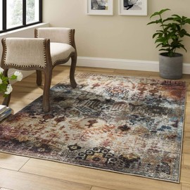 Modway Success Tahira Transitional Distressed Vintage Floral Moroccan Trellis 4x6 Area Rug, Multicolored