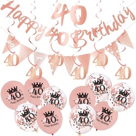 18Pcs Rose Gold 40th Birthday Decorations for Her,Women,40th Birthday Banner Triangle Flag Bunting Rose Gold Foil 40 Hanging Swirls,40th Birthday Balloons for Women Birthday Party Decoration Pack