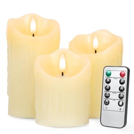 Battery Operated Drip Wax LED Flameless Candles with Remote and Timer, Pillar Real Wax Candles Flickering Wick for Festival Wedding Home Party Decor(Pack of 3)-Classic Ivory