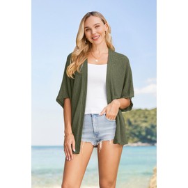 STYLEWORD Women's Summer Cardigan Lightweight Short Sleeve Beach Cover Up Kimonos Open Front Casual Sweater(Army Green,X-Large)