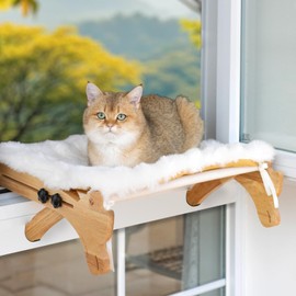 2-in-1 Cat Window Perch & Bed with Removable Plush Cushion - Rubberwood Window Sill Seat & Orthopedic Cat Bed for Cats Multi-Level Furniture with Durable Frame, Natural Wood Finish