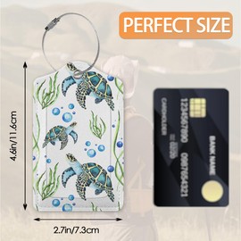 Sea Turtles Seaweed and Bubbles Luggage Tags Bag Tag with Privacy Cover Name ID Card Stainless Steel Loop Suitcase Labels PU Leather Baggage Tags for Travel,2 Pcs