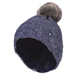 HEAT HOLDERS - Ladies Cable Knit Fleece Lined Thermal Winter Bobble Pom Pom Hat (One Size, Blue)
